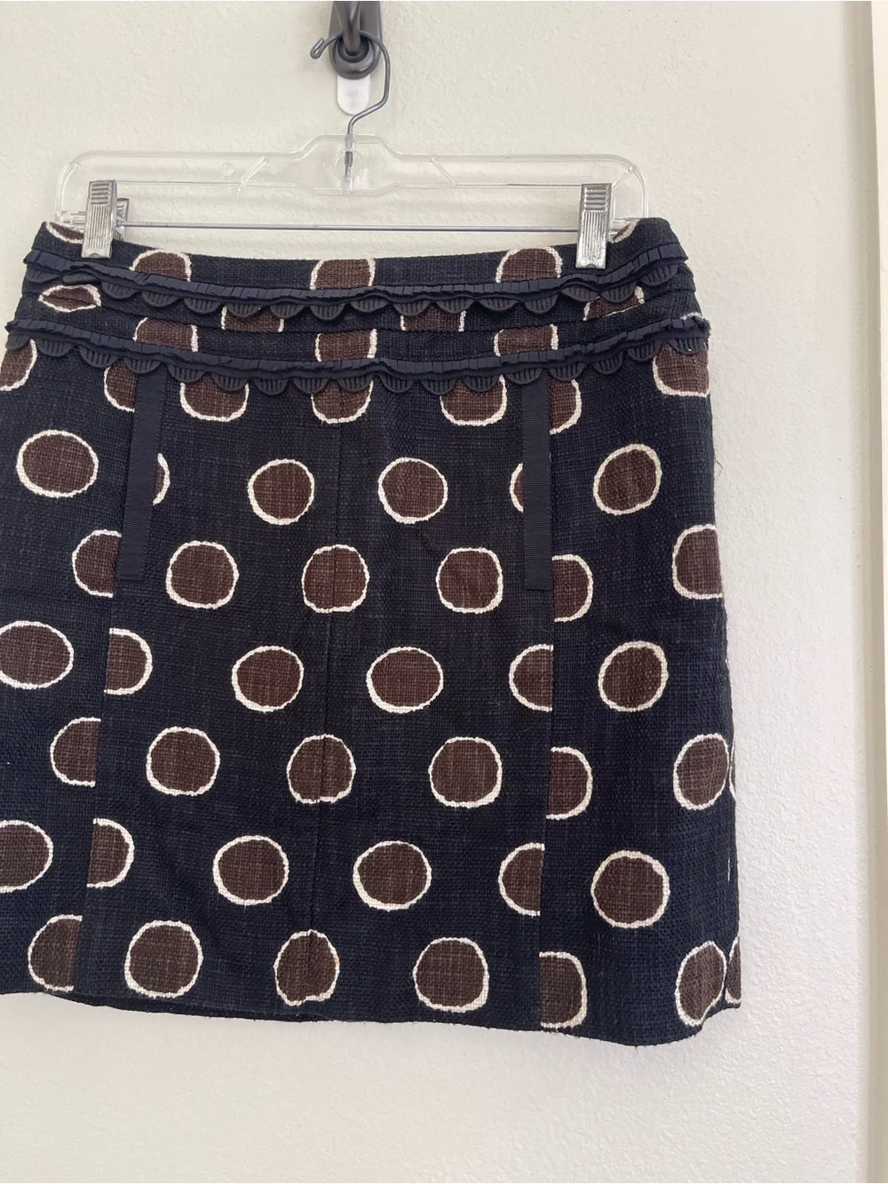 Tory Burch Spring Skirt Brown Dodda Polka Dot Ruffles Front Pockets Size 6